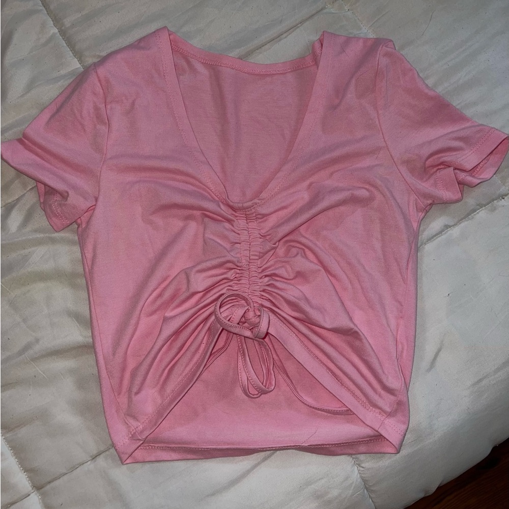 Hot Pink Drawstring Ruched Crop Tee